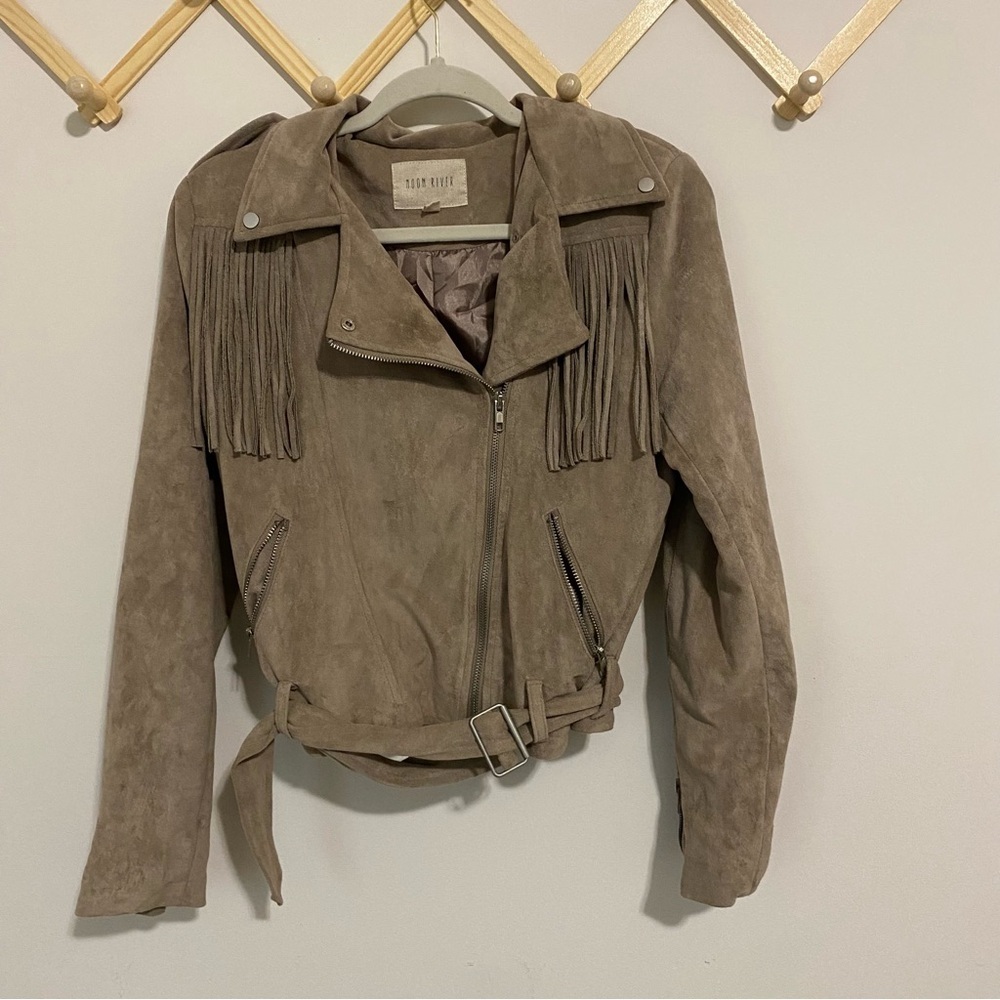 Moon River Faux Suede Fringe Moto Jacket size Small